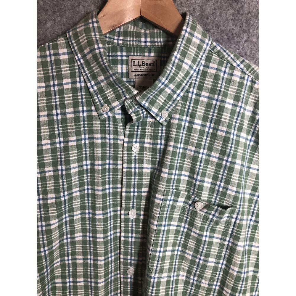 L.L.Bean Shirt Mens Large Tall Green Plaid Stretch Chambray Casual Outdoor